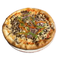 Met shoarma, paprika, ui en champignons.